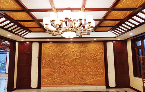 鹿寨中式别墅客厅中式木作横梁吊顶装饰展示
